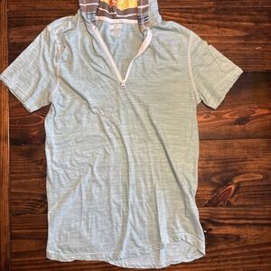 1775 Mens Short Sleeve Quarter Zip Hoodie Slub Knit Teal Striped Hood Size Small